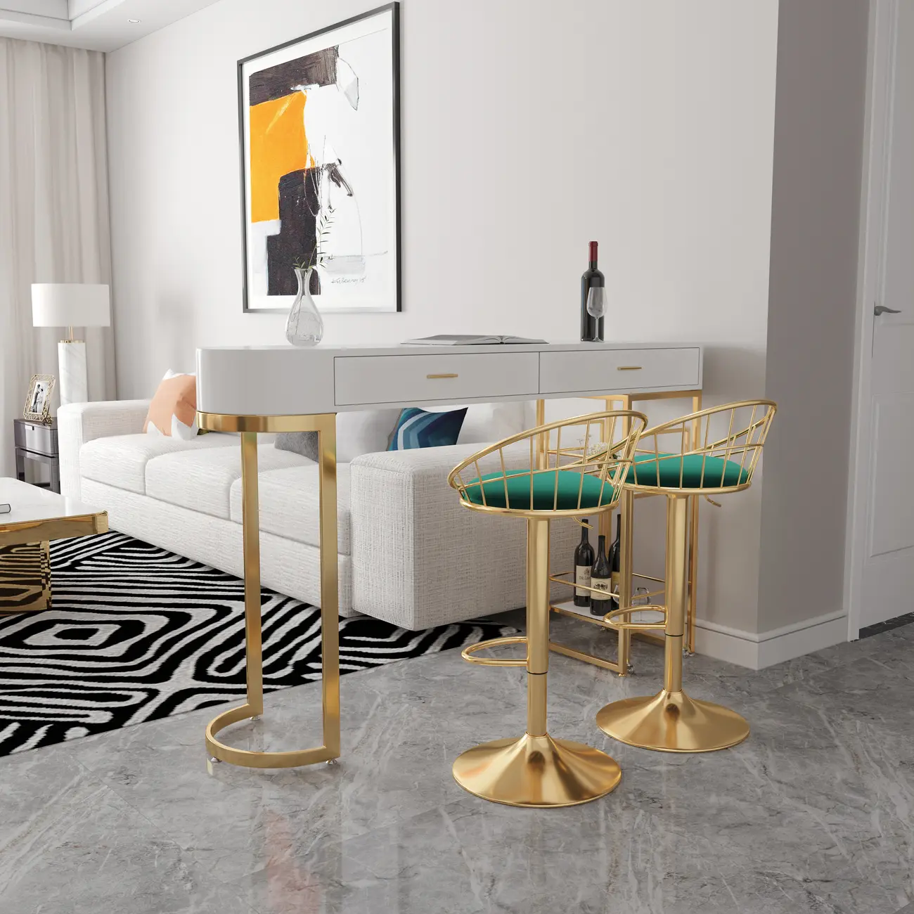 Glam White Free Form Gold Iron Storage Bar Tables