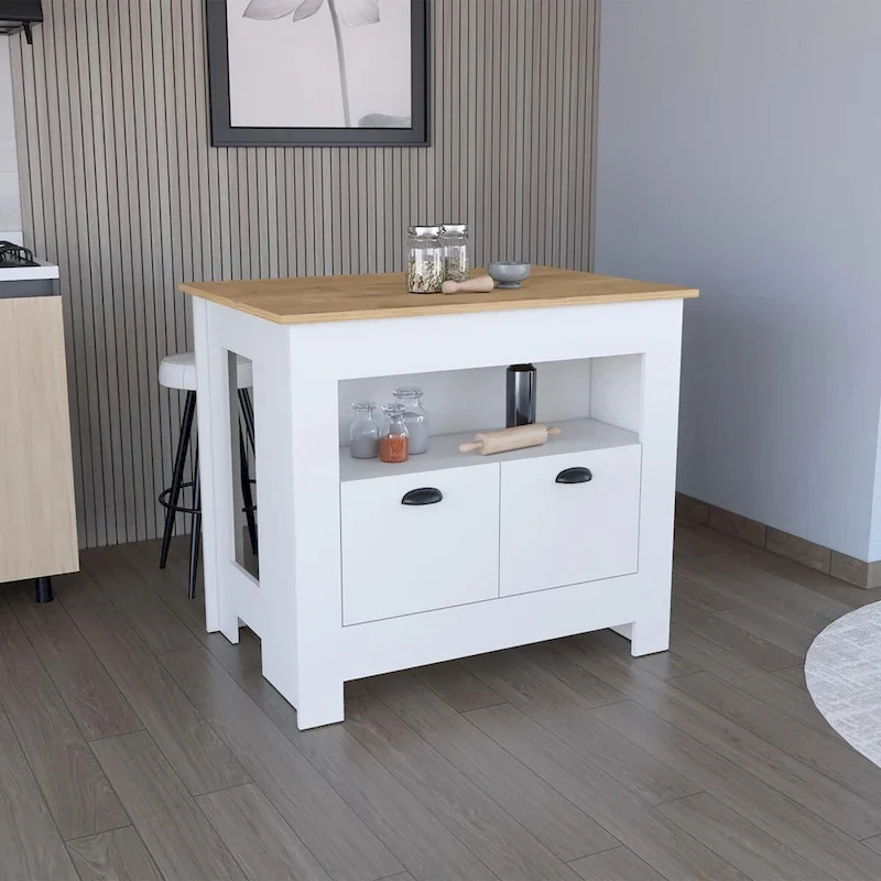 Black / White 2-Door Kitchen Island with Shelf — 1 Person