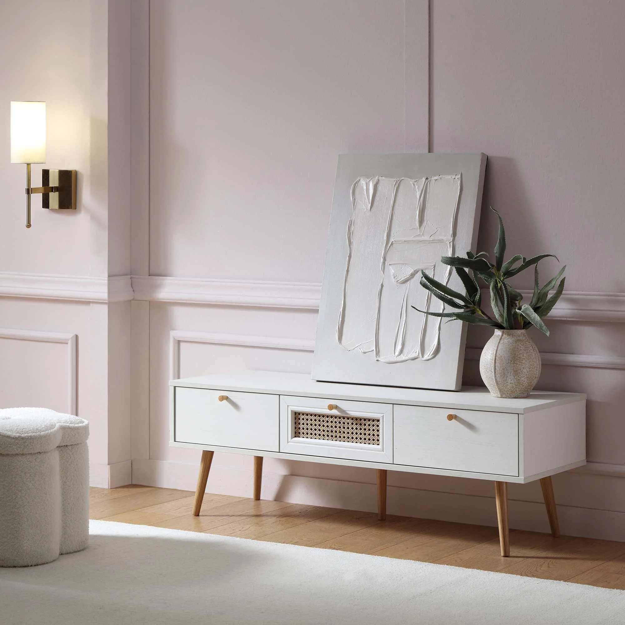 Woven Rattan 3-Drawer TV Unit in White