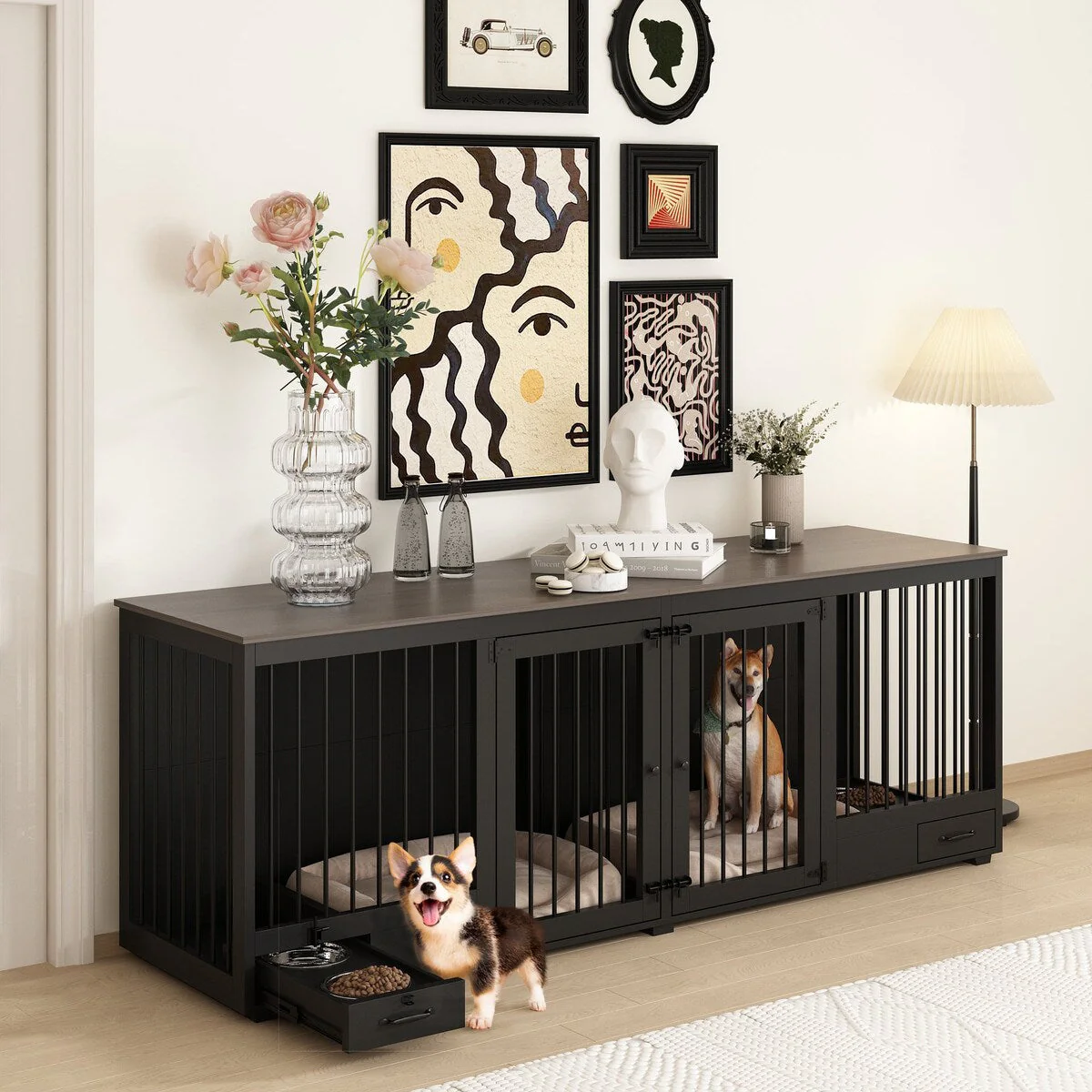 Dog Crate Furniture -Wooden Dog Kennel with Room Divider and 2 Drawers