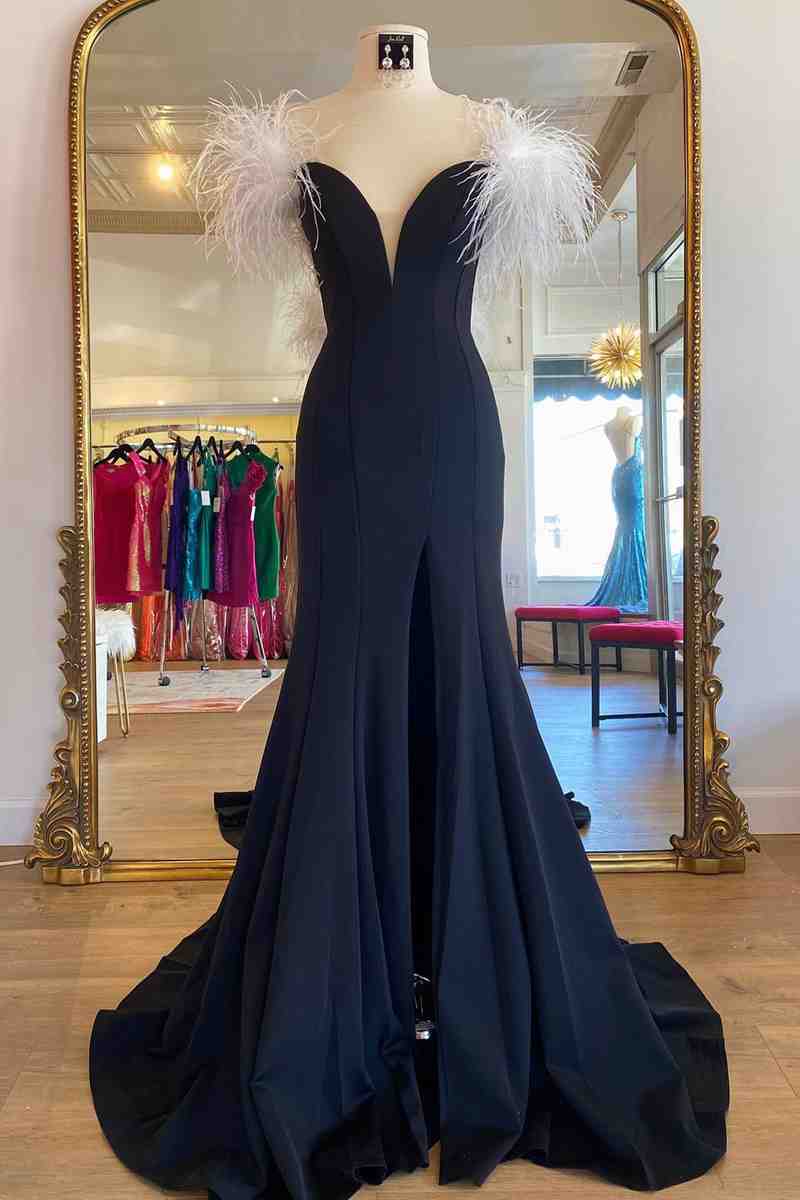 Long Black High Slit Prom Dress with White Feather