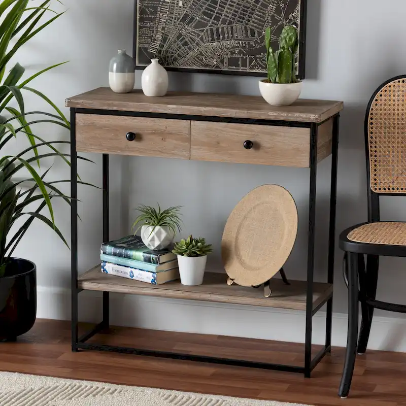 Modern Industrial 2-Drawer Console Table, Natural Brown Wood and Black Metal