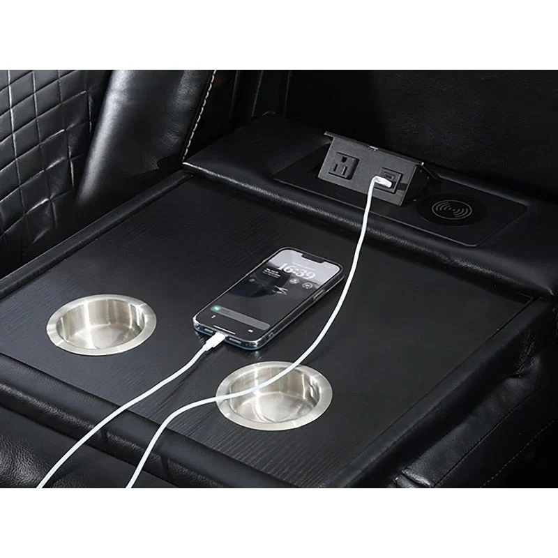 Power Reclining Sofa with Wireless Charger & LED Light – Faux Leather, Black
