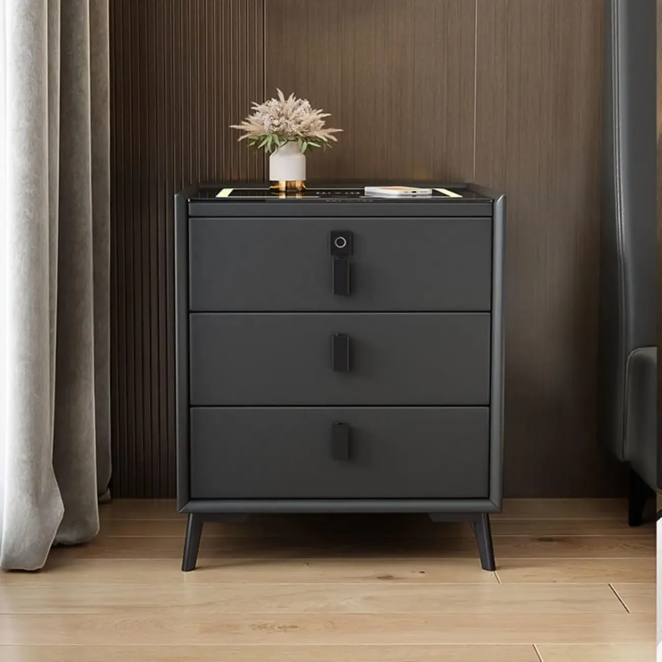 Narrow 3-Drawers Glass Top Wooden Nightstand with Light