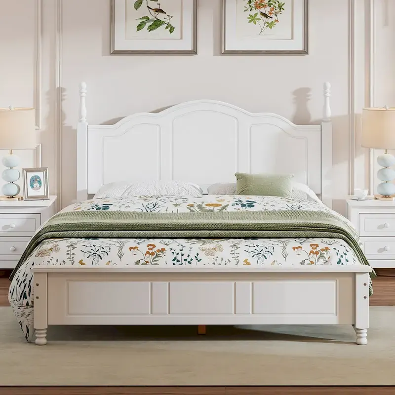 Walnut/White Retro Queen Platform Bed Frame with Headboard, For 1-2 Person