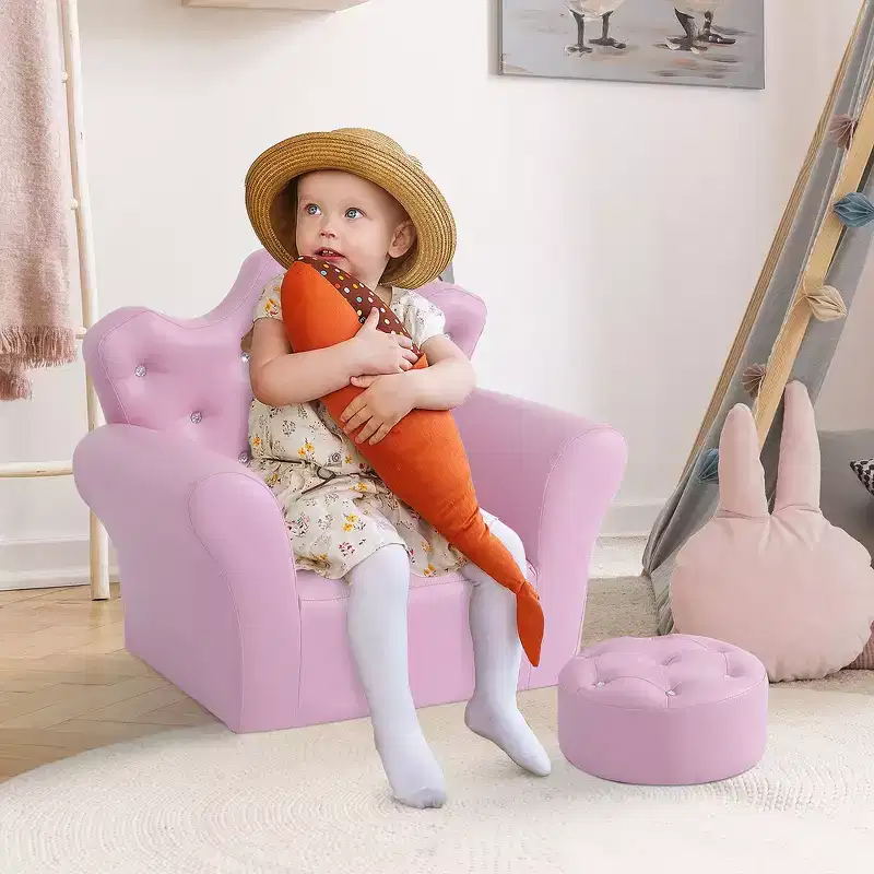 Whisen Kids Sofa Set, Children's Upholstered Sofa Couch with Footstool, Diamond Decorations - Pink