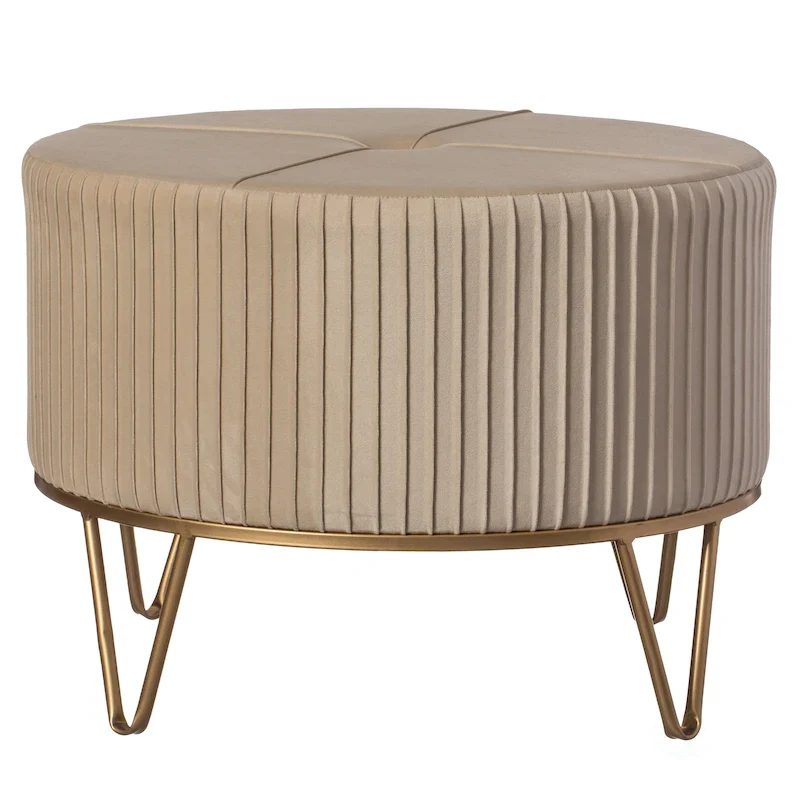 Round Velvet Ottoman Stool Raised with Hairpin Gold Base