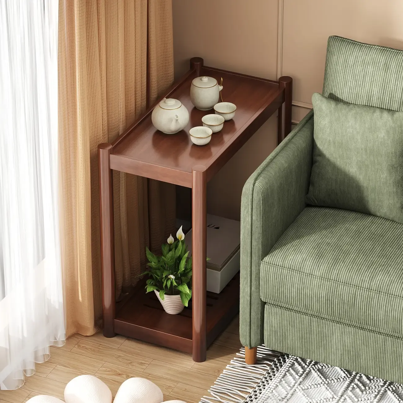 Minimalist Brown 2-Tier Tray Top Wooden End Table with Rollers