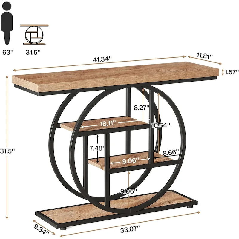 Industrial 4-Tier Sofa Table Entryway Table with Circle Base