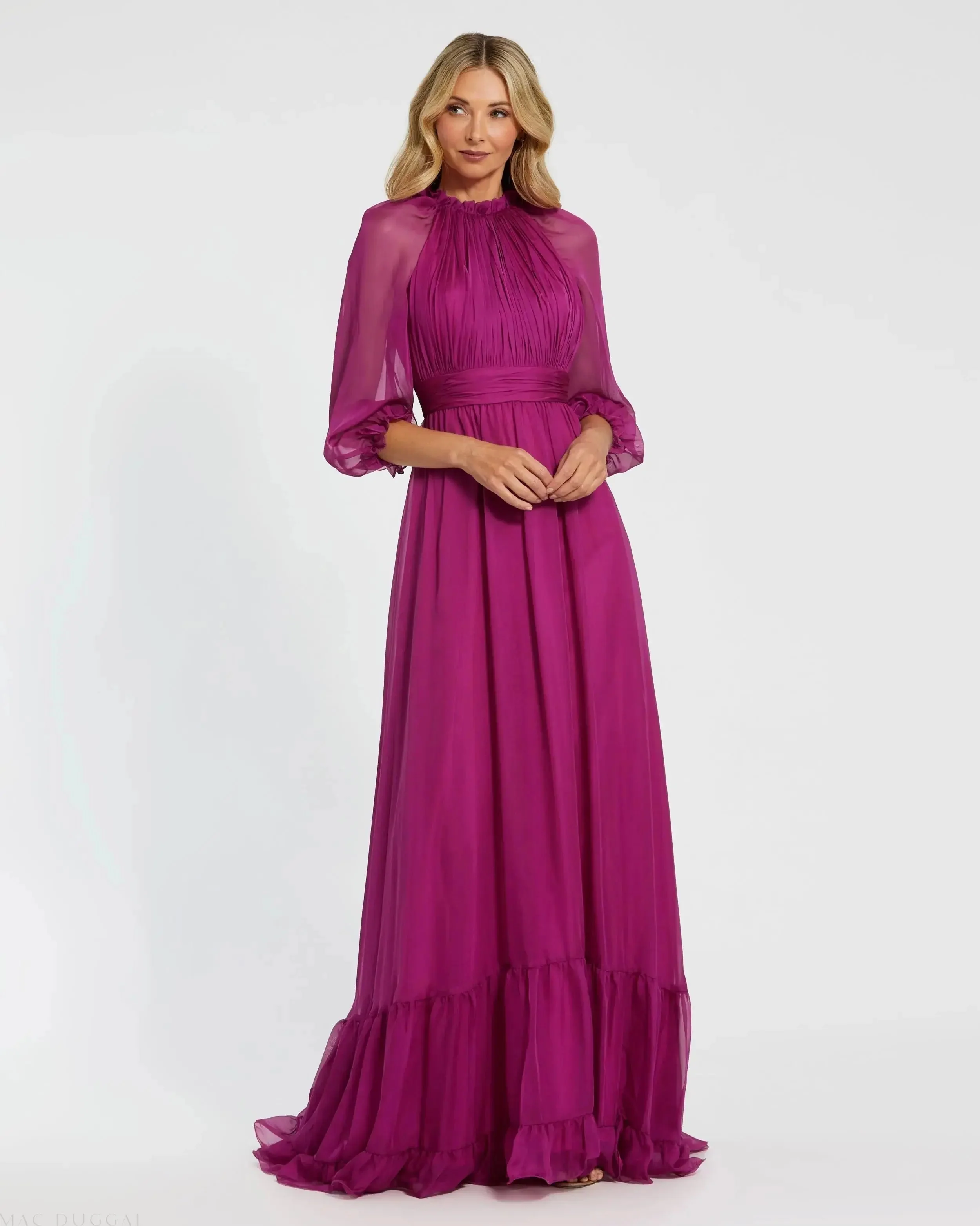 Purple Chiffon Ruched Illusion Raglan Sleeve Ruffled Gown