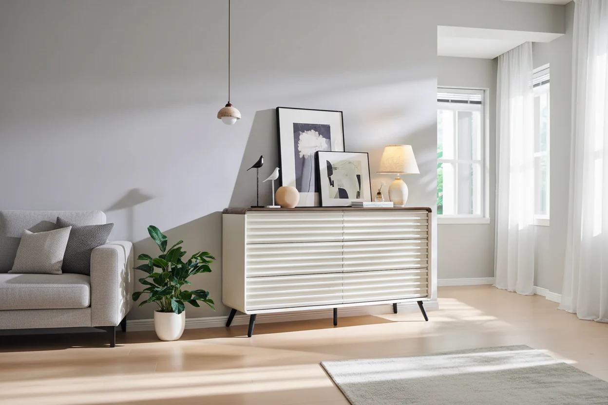Antique White / Natural Oak Fluted 6-Drawer Dresser, Mid-Century Style