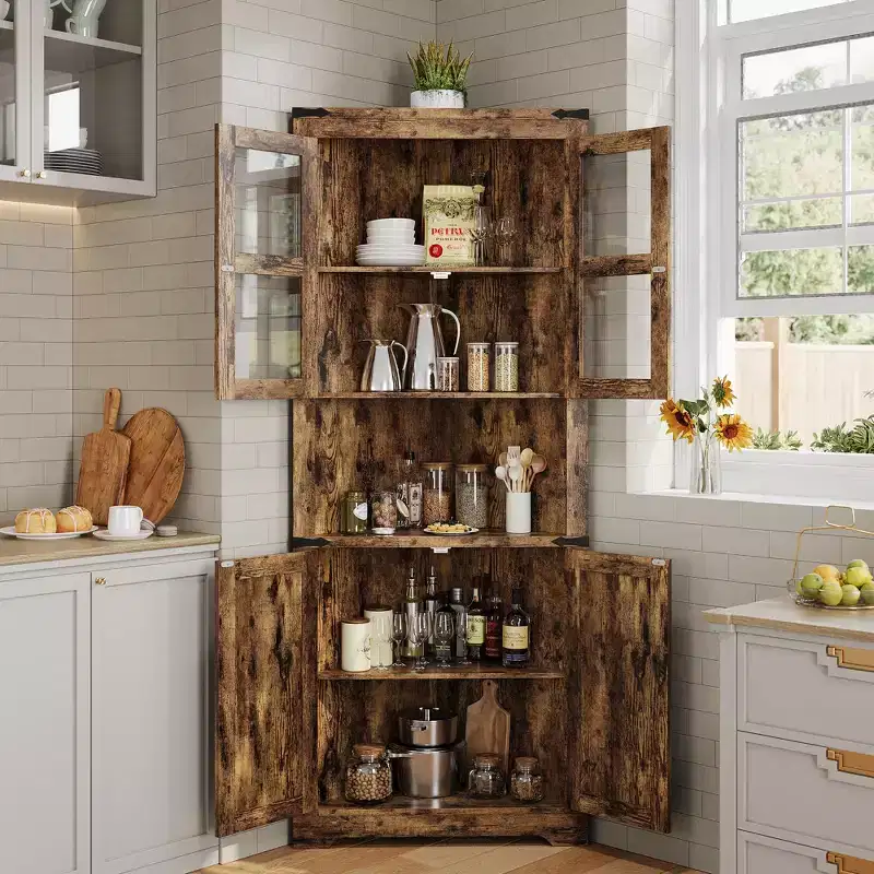 COZONY 67'' Tall Corner Storage Cabinet with Lights, Farmhouse Corner Hutch with Glass Doors, Wooden Display Cabinet for Living Room Bathroom
