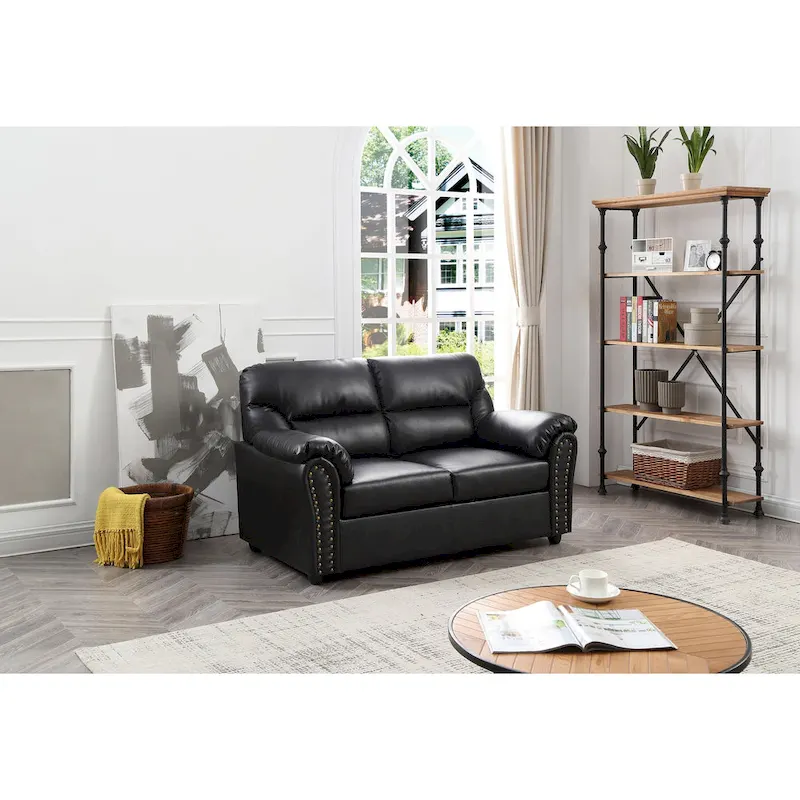 Black Faux Leather Loveseat with Flared Arms – 2-Seater
