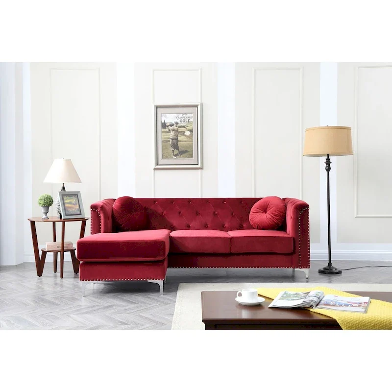 Pompano Velvet Button Tufted Sofa with Chaise