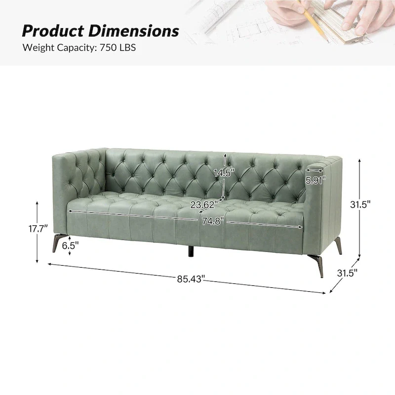 Transitional Genuine Leather Sofa with Metal Legs and Tufted Back