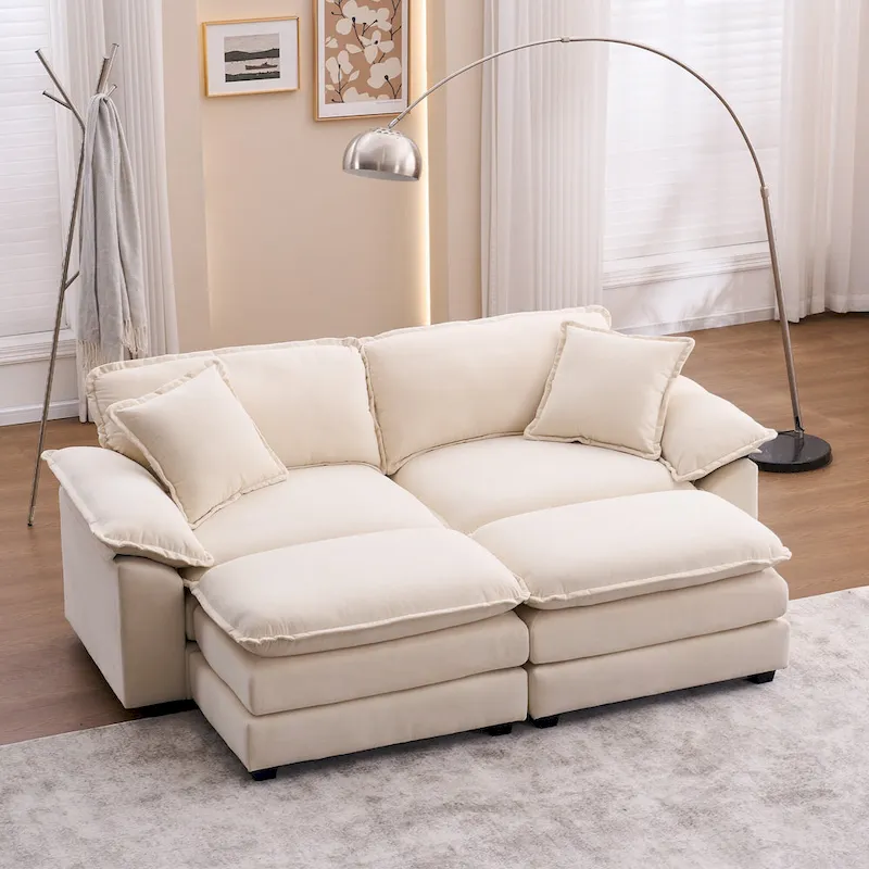 2-seater sofa with 2 cushions, 2 pillows and 2 ottomans, comfortable sofa - Living room deep sofa, modular sofa