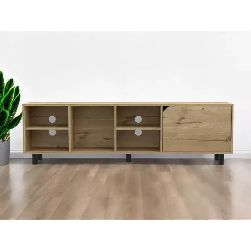 HomeRoots 71 Natural Wood Enclosed and Open Storage TV Stand