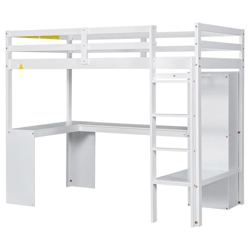 White Twin Solid Wood Loft Bed with L-Shaped Desk, Wardrobe & Storage Shelves