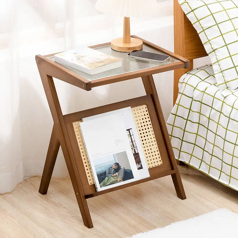 Bamboo Glass Top Side Table Accent End Table with Magazine Rack