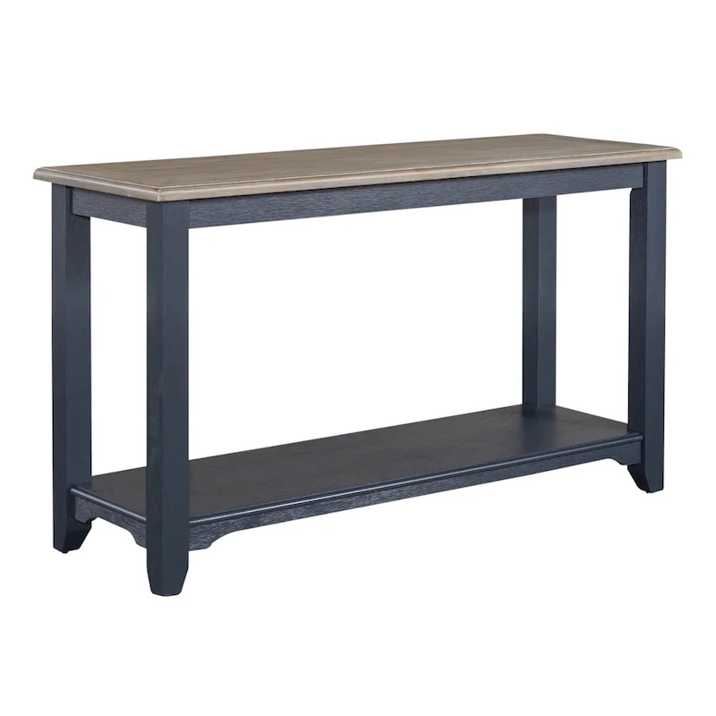 Sofa Table, Wire-Brushed Gray Top, Bottom Shelf, Tapered Legs, Rubberwood & Pine, Navy / White, 1-Person Use