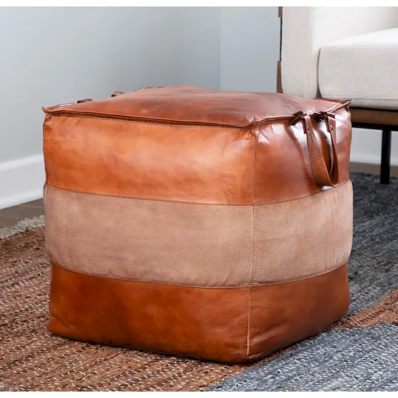 Industrial Pouf Ottoman in Leather and Canvas