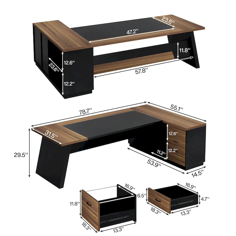 78.7-inch L Shaped Executive Desk with Drawers and Lateral File Cabinet