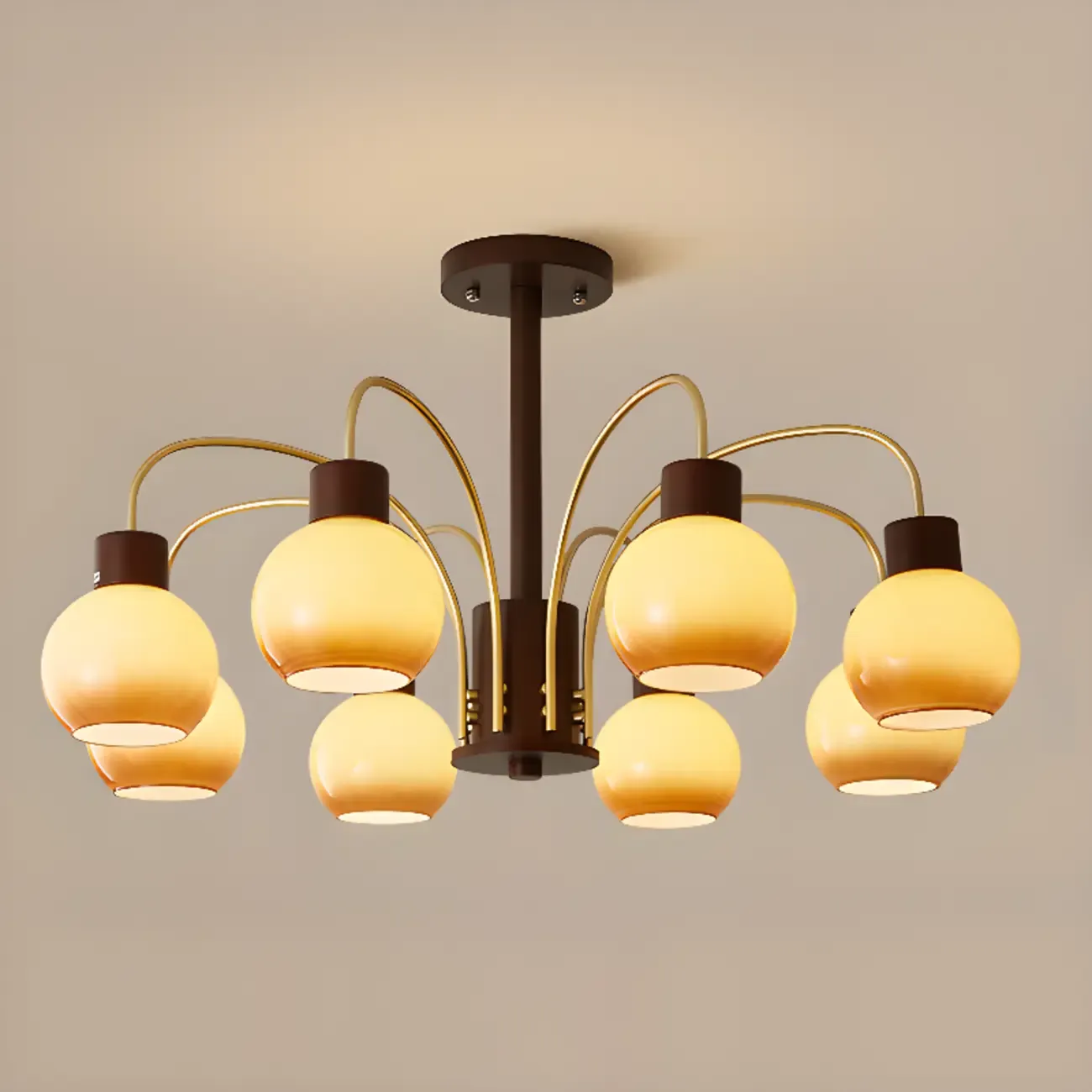 Classic Gold Metal Amber Glass Dome Chandelier