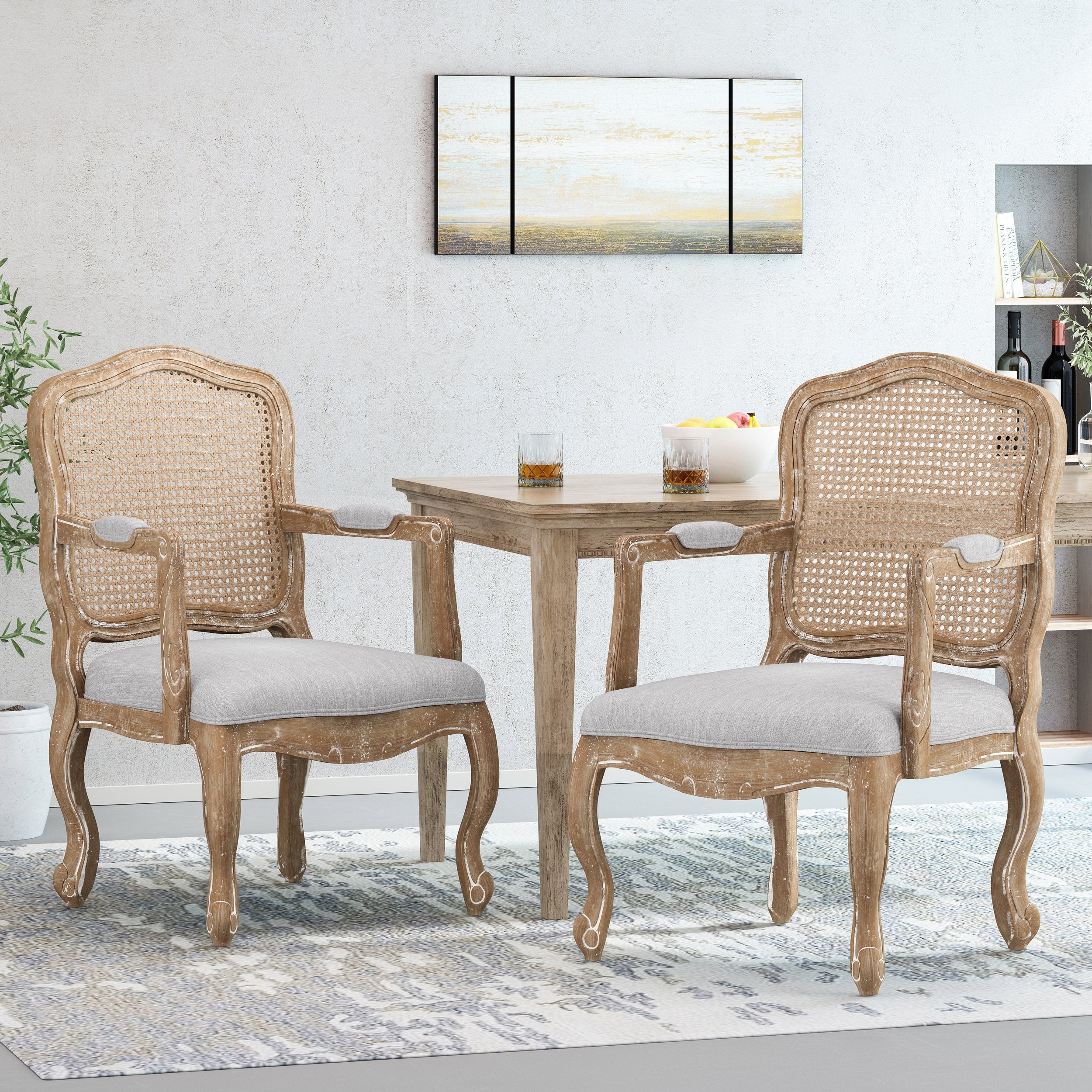 French Country Wood and Cane Upholstered Dining Armchair - NH542513