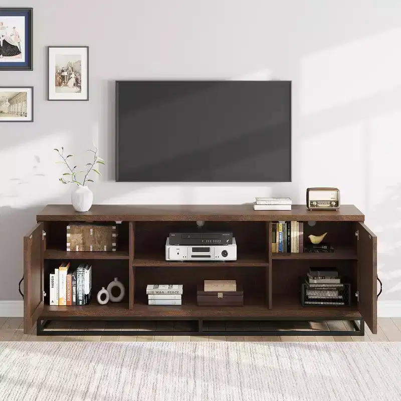 Farmhouse TV Stand for 75 TVs - Sturdy Metal Legs & 2 Open Shelves, Wood Media Console for Living Room
