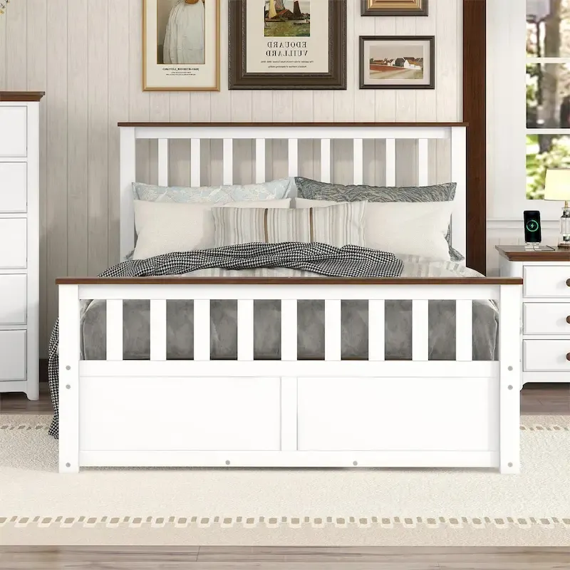 Wood Slat Platform Bed Frame with Vertical Hollows Headboard and Footboard, Low Profile Bed, Panel Bed 2 Drawers