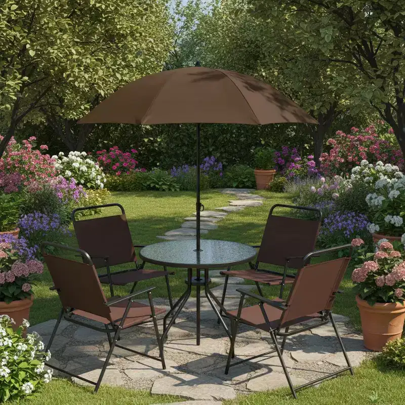 Gymax 6-Piece Patio Dining Set for 4 People w/ Round Tempered Glass Table & 4 Foldable Chairs Removable Umbrella Gray/Brown