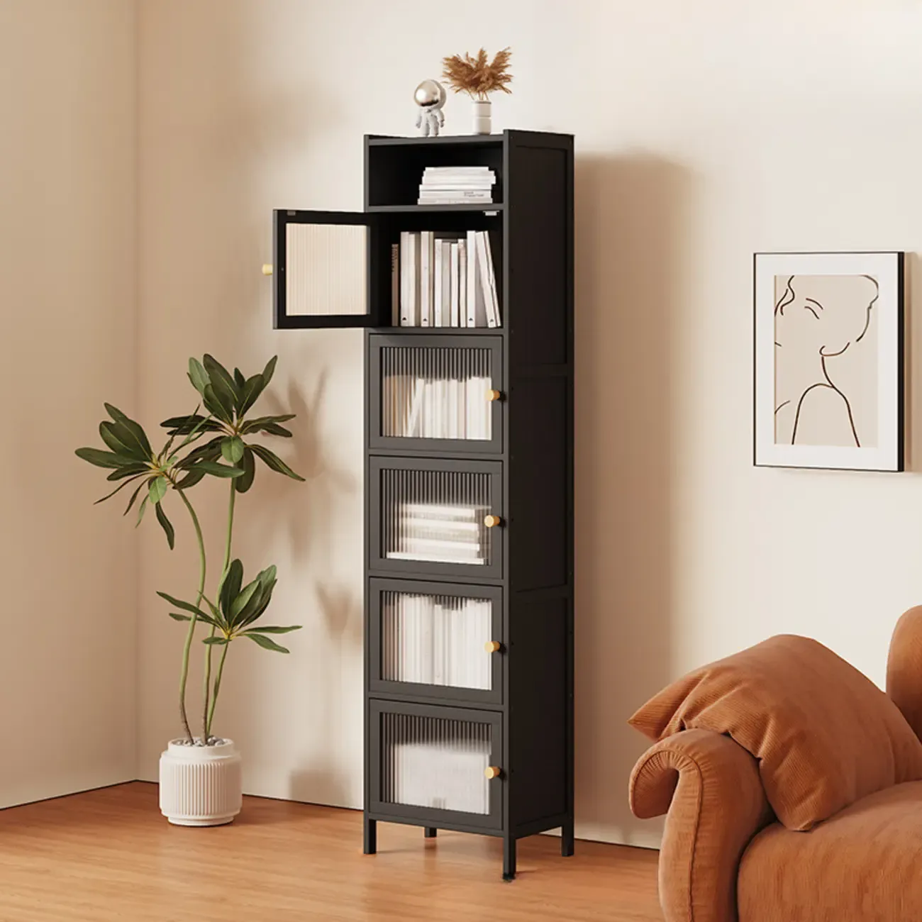 Slim Vertical Black Glass Doors Wooden Tall Bookcase