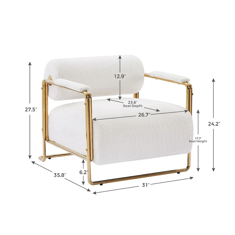 VANOMi 31 Wide Futuristic Velvet Armchair With Glossy Gold Frame Cylindrical Backrest