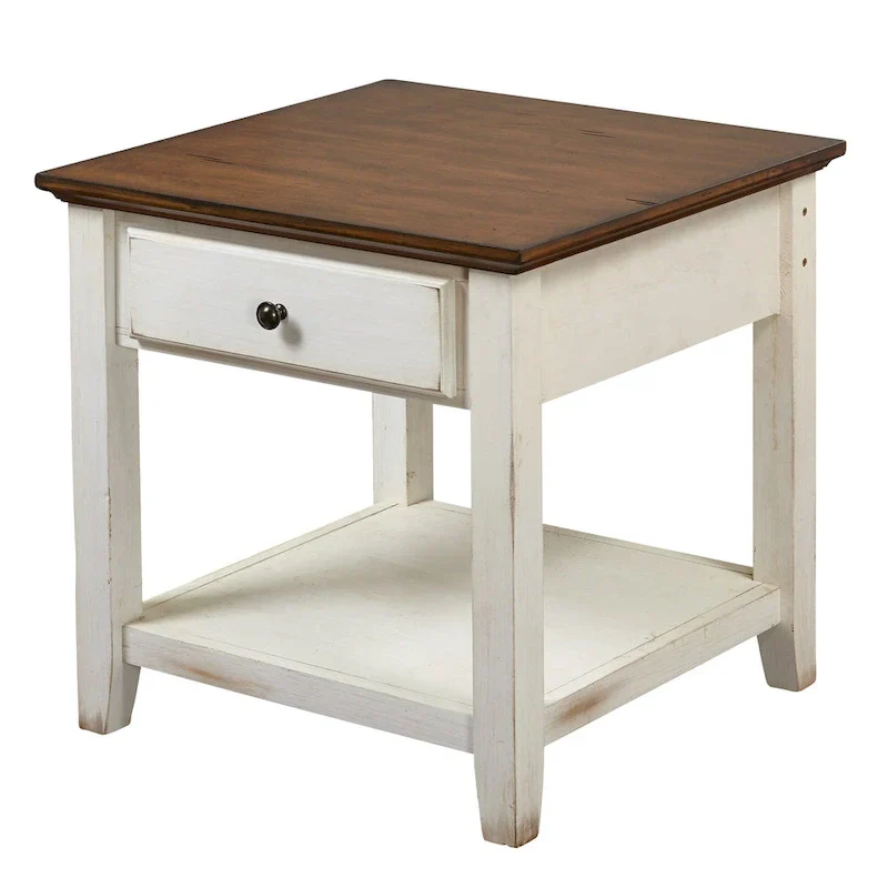 Off-White and Chestnut End Table with Drawer and Shelf