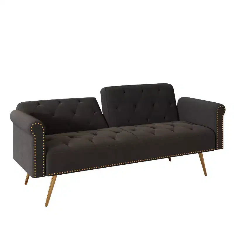 MAYEERTY Black Velvet Fabric Sofa Featuring Nail Head Trim and Accompanied By A Matching Throw Pillow