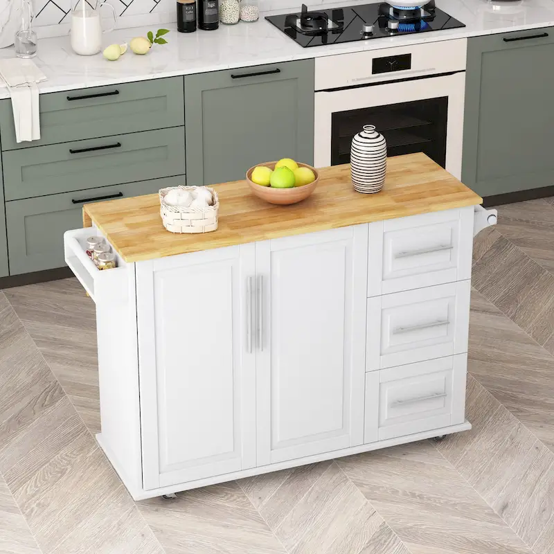 Black/White Rolling Kitchen Island Cart, 3 Drawers & 2-Door Cabinet