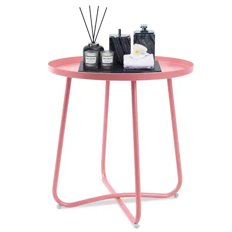 AEELLEEA Modern Round Outdoor Side Table  Small Metal Coffee & Snack Table for Living Room, Bedroom, Patio, Yard, Porch, Balcony (Pink)