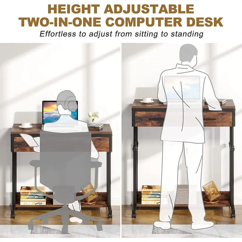 Height-Adjustable Side Table with Drawers and Wheels