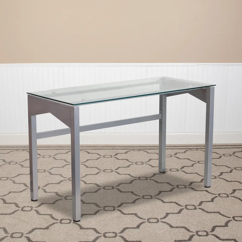 Contemporary Clear Tempered Glass Desk with Geometric Sides and Silver Frame
