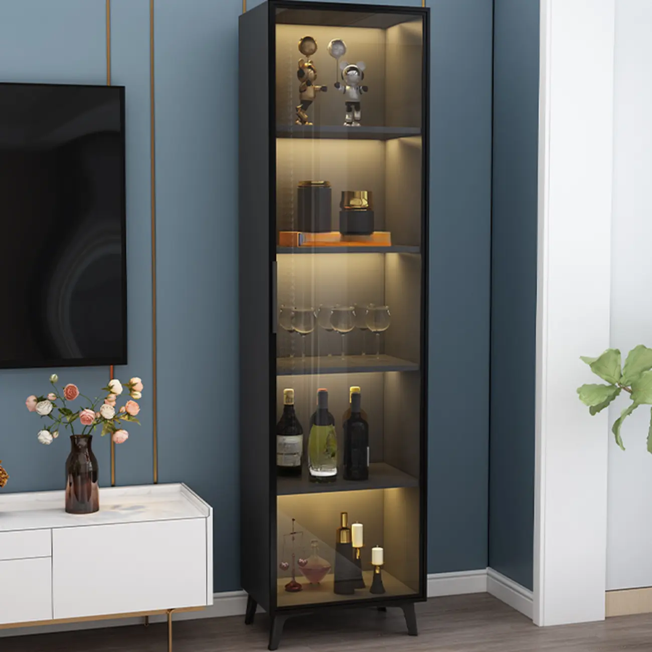 Compact Freestanding Enclosed Wooden Glass Curio Cabinet