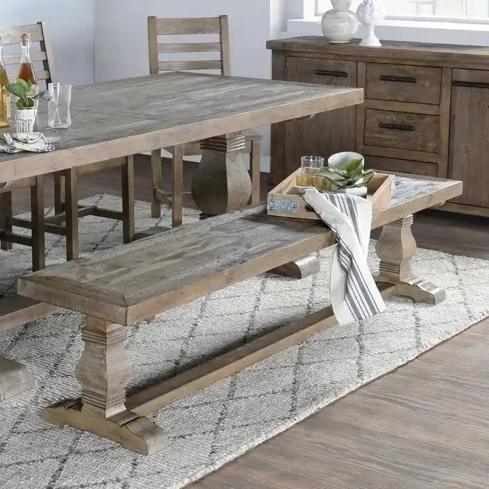 Weathered Brown Reclaimed Pine Wood Dining Bench with Trestle Base – 66