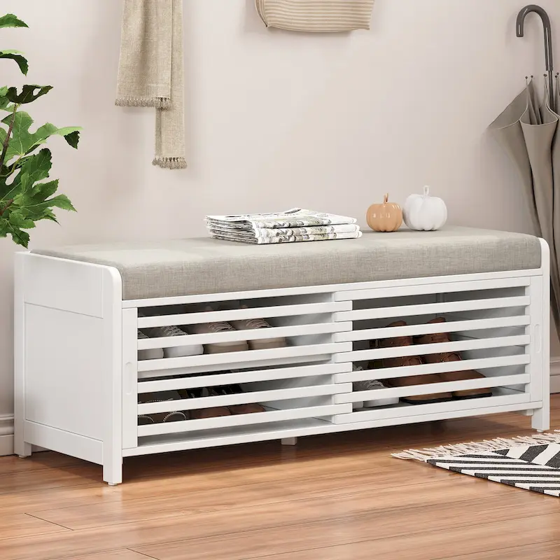 Distressed Shutter Storage Bench with Acacia Veneer for Retro Charm for Living Room, Entryway