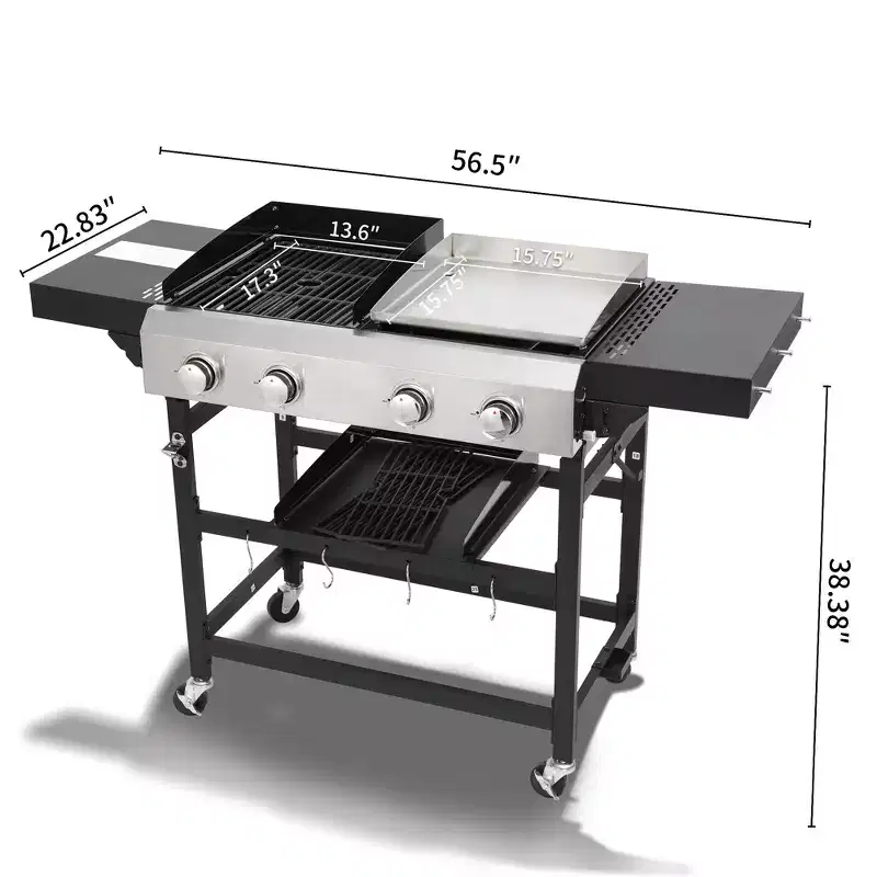 2+2 Burner Gas Grill with Plancha Combo, Flat Top Griddle & BBQ Grill, Outdoor Propane Grill for Backyard, Patio, Camping & Family Cooking