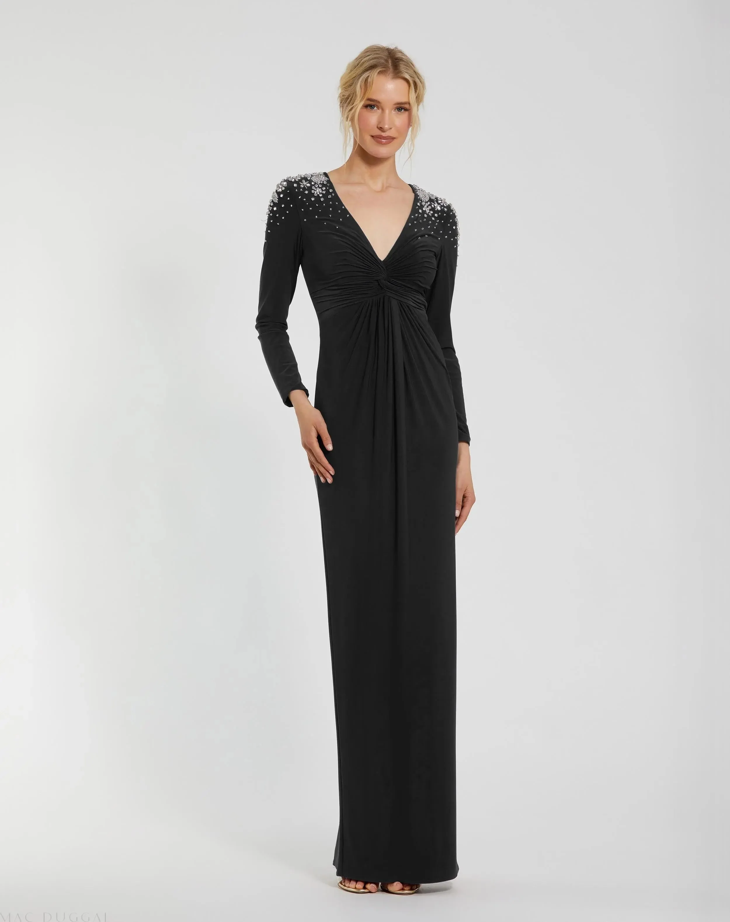 Black Jersey V Neck Faux Knot Gown With Beaded Shoulders