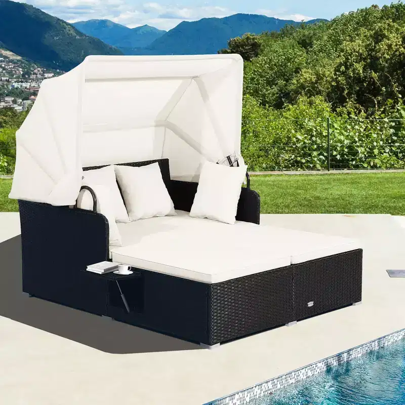 Costway Patio Rattan Daybed Lounge Retractable Top Canopy Side Tables Cushions Off White/Red/Turquoise/Beige