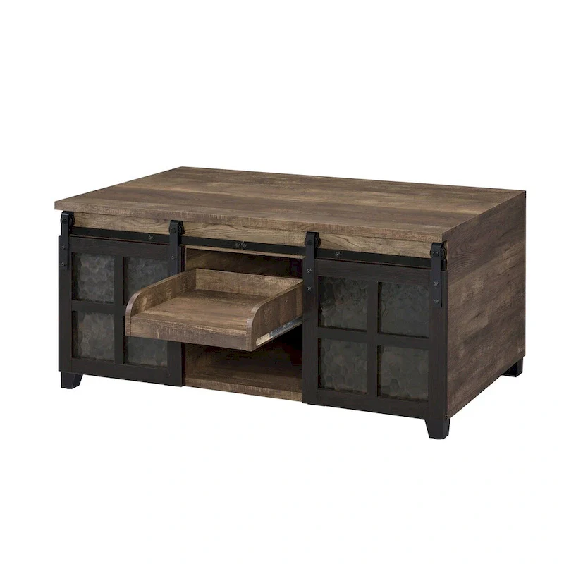 Rustic Oak Coffee Table - Antique Oak & Black - Sliding Barn Doors with Glass