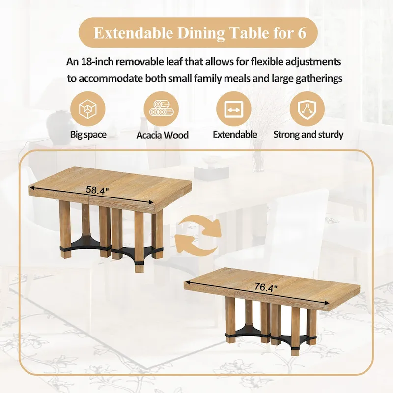 Rustic Style 7-Piece Extendable Dining Table Set with Removable Leaf, 2 Arm Chairs and 4 Armless Chairs