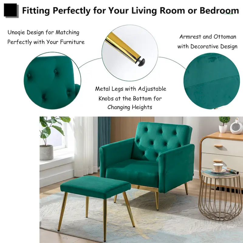 Velvet Tufted Convertible Armchair with Adjustable Backrest & Ottoman – Single