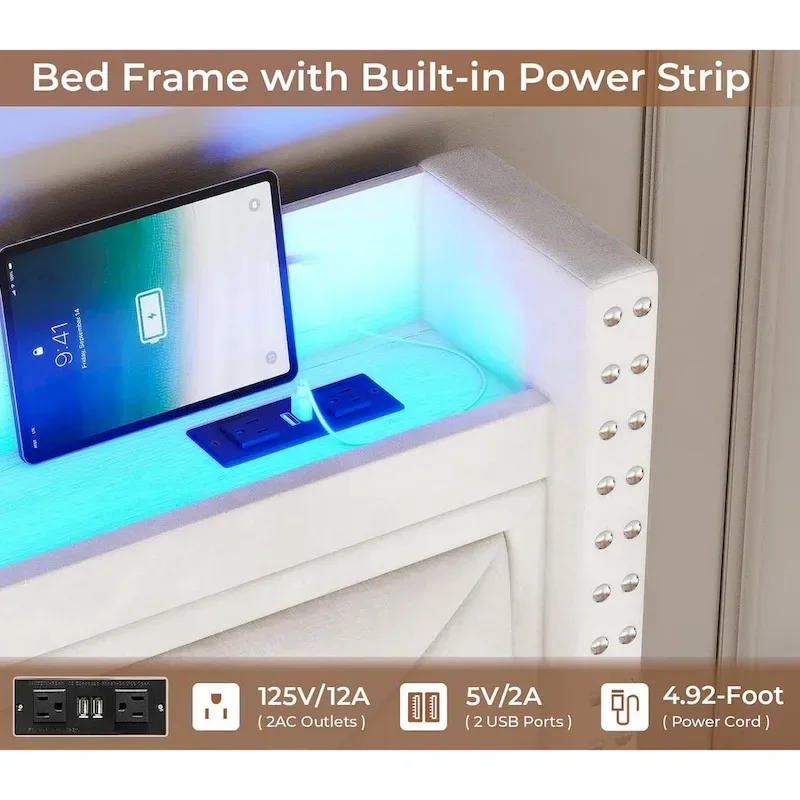 LED Bed Frame with 51.2  Tall Headboard Charging Station