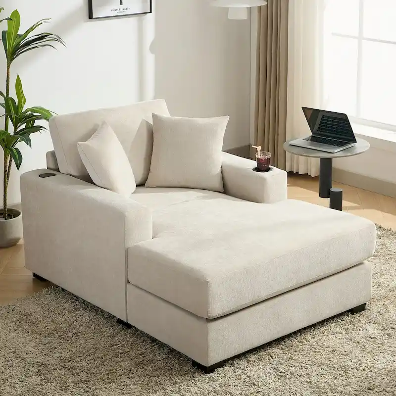 43.5  Chenille Fabric Chaise Lounger Sofa Couch with Pillows, Charge Station & Cup Holders